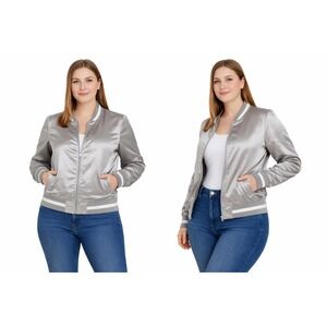 Forever 21 Womens Bomber Jacket Medium Silver Metallic Varsity Y2K Streetwear